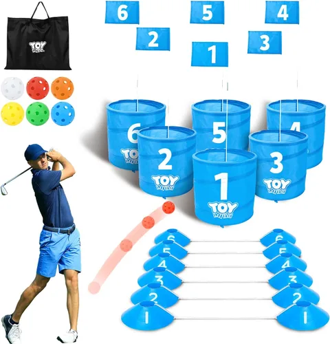 Vista 9 de TOY Life Juego de cubo de golf, juego de golf de 3 agujeros para adultos, familia y niños, campo de golf portátil con pelotas y bandera, juego