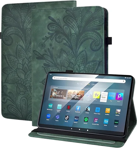 Vista 14 de Amazon Kindle Fire HD 8 8ª/7ª/6ª generación 2016/2017/2018, diseño de flores de encaje en relieve de piel sintética, a prueba de golpes, con soporte
