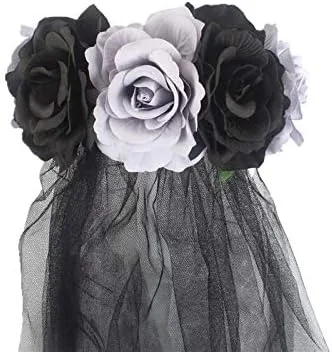 Vista 4 de June Bloomy - Diadema mexicana de día de muertos, disfraz de Halloween, velo con corona de rosas