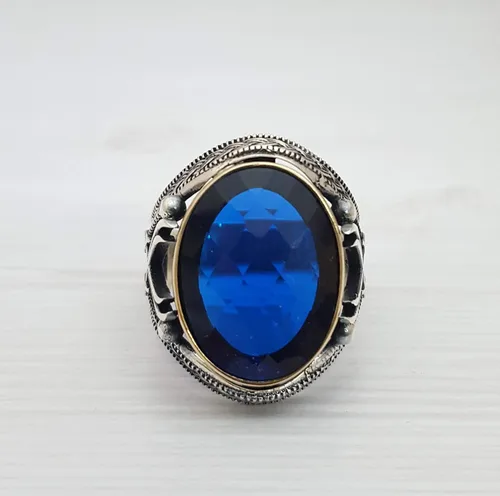 Vista 4 de Beautiful Handcrafted 925K Solid Sterling Silver Cubic Zircon Sapphire Color Men's Ring RP54