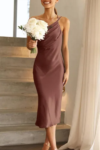 Vista 5 de PRETTYGARDEN Vestido midi de satén para mujer, con un hombro, tirantes delgados, espalda descubierta, fruncido, vestido ajustado de verano