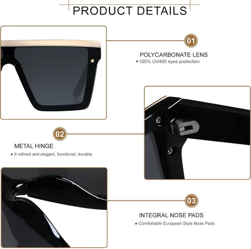 Vista 4 de LYZOIT Lentes de sol cuadrados de gran tamaño para mujeres y hombres, parte superior plana grande, protección UV, sombras sin montura