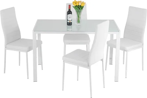 Vista 10 de Juego de mesa y sillas de comedor PayLessHere, moderna mesa rectangular de mármol con tapa y 4 sillas de cuero PU para comedor y cocina, mármol negro