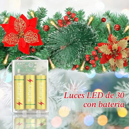 Vista 3 de Guirnalda de Navidad preiluminada de 9 pies con luces LED, funciona con pilas, decoración navideña, escaleras, pared, chimenea, puerta