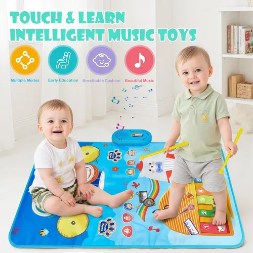 Vista 3 de Tapete de juego musical para bebé, educativa temprana 3 en 1, piano tambor de animal Touch de 31.5 x 19.6 pulgadas, manta de juego Montessori