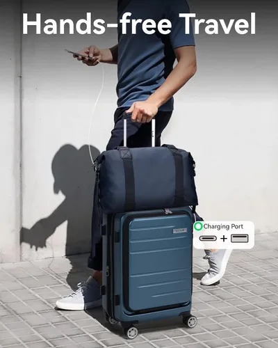 Vista 4 de LUGGEX Maleta de mano con bolsillo frontal, maleta rígida de policarbonato expandible con puerto USB, plateado, Equipaje de mano con compartimento