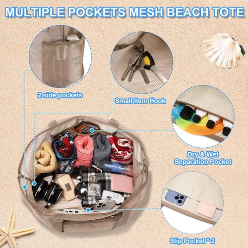 Vista 5 de Eslcorri Bolso de playa de malla Bolsa de playa extra grande con 11 bolsillos plegable bolsa de hombro para mujer