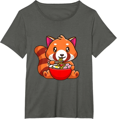 Vista 37 de Camiseta Kawaii Anime Red Panda Eating Ramen Noodles, Negro, S