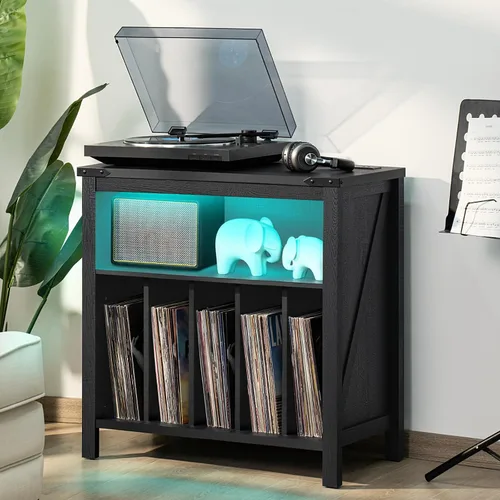 Vista 4 de Soporte grande para tocadiscos con estación de carga y luces LED, soporte de almacenamiento de discos de vinilo negro con capacidad para hasta 230