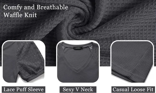 Vista 6 de MEROKEETY - Blusa de manga corta con cuello en V y encaje, de verano, para mujer