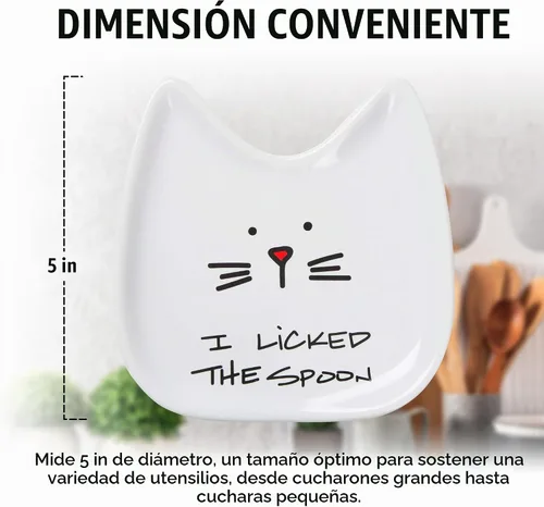 Vista 4 de Pavilion Gift Company Blobby Cat plato apoya cucharas "I Licked the Spoon" de 5 pulgadas, color blanco