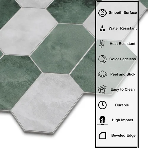 Vista 3 de The Tiles Plaza Protector Contra Salpicaduras de 10 Hojas para Despegar y Pegar, 12" x 11.5" Azulejo Autoadhesivo de Pared Hexagonal Largo