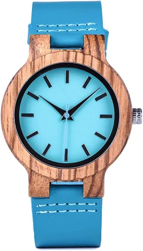 Vista 9 de BOBO BIRD Reloj de madera de bambú para hombre y mujer con correa de cuero de vaca azul, relojes casuales para el amor con caja