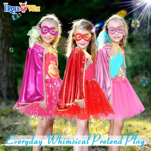 Vista 2 de iROLEWIN Disfraz de superhéroe y máscara TuTu para niñas, disfraz de superhéroe para niñas, regalo de fiesta de juego
