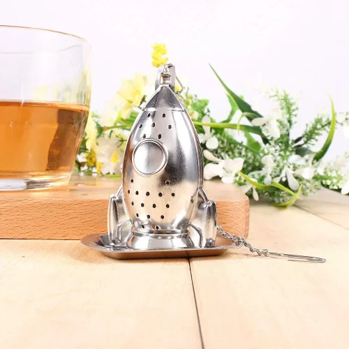 Vista 6 de Colador de té de acero inoxidable en forma de cohete Infusor de té suelto Difusor de intervalo de té con gancho de cadena extendido y bandeja