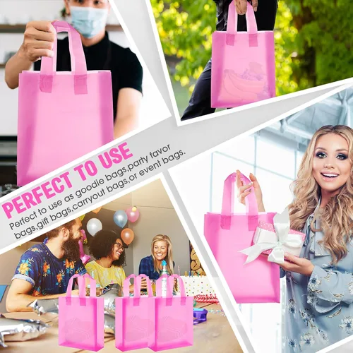 Vista 6 de Qilery Paquete de 100 bolsas de regalo de plástico esmerilado con asas, pequeñas bolsas de plástico de 8 x 4 x 10 pulgadas para pequeñas empresas