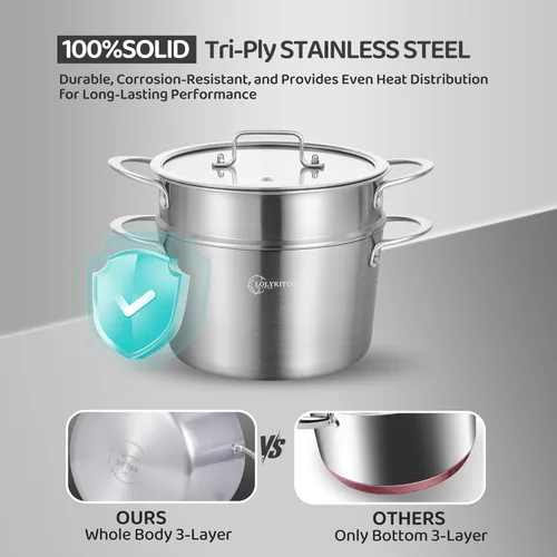 Vista 2 de LOLYKITCH Olla de Stock de Acero Inoxidable de Tres Capas de 3 QT con Tapa y Vaporera, Olla de Cocina por Inducción, Utensilios de Cocina al Vapor