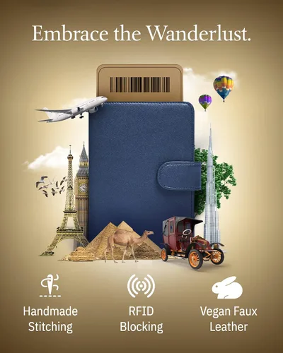 Vista 2 de Funda para pasaporte con bloqueo RFID, funda de cuero hecha a mano para pasaporte, organizador de documentos de viaje para hombres y mujeres, Azul