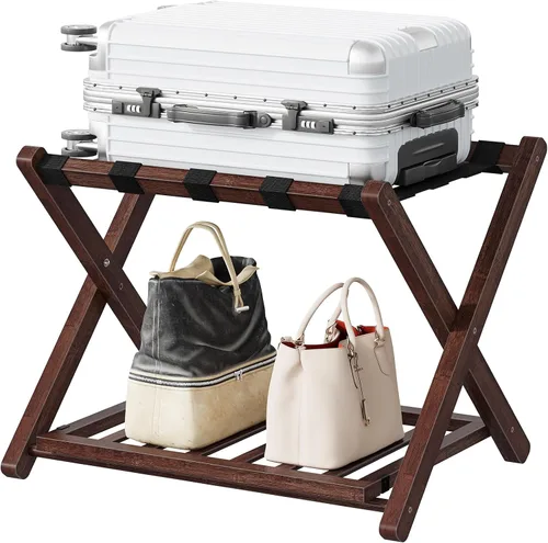 Vista 8 de HOOBRO Portaequipajes, soporte plegable para equipaje, soporte de maleta de bambú para habitación de invitados, con estante de soporte de correa
