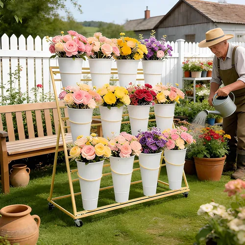 Vista 9 de Soporte de exhibición de flores de 3 niveles, soporte móvil de metal para plantas con 12 cubos, carrito de flores con ruedas, adecuado
