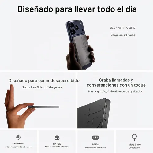 Vista 4 de Pocket Grabadora de voz AI, transcripción automática, tomador de notas AI Gris (Space Grey)