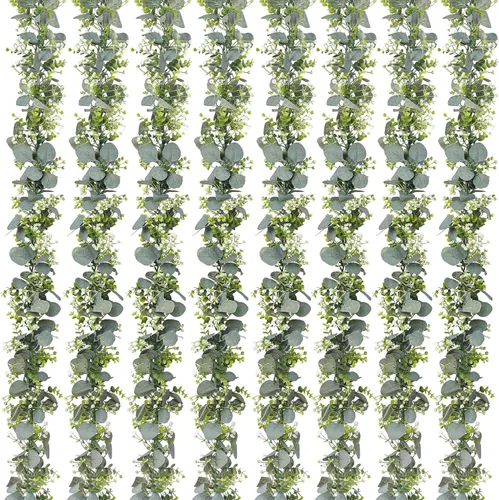 Vista 11 de Paquete de 8 guirnaldas artificiales de eucalipto, plantas colgantes de hojas verdes artificiales, vides de eucalipto para decoración de telón