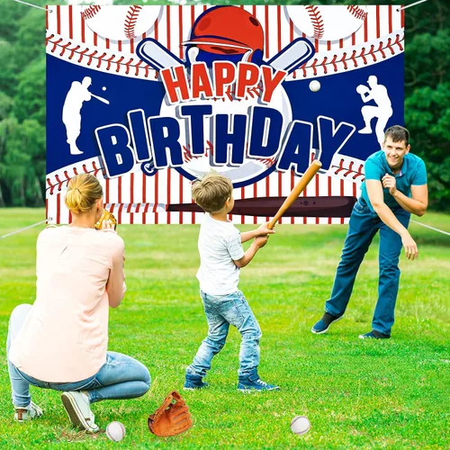 Vista 3 de Decoraciones de fiesta de béisbol con texto en inglés «Happy Birthday» para niños, adolescentes – Cartel grande con temática deportiva