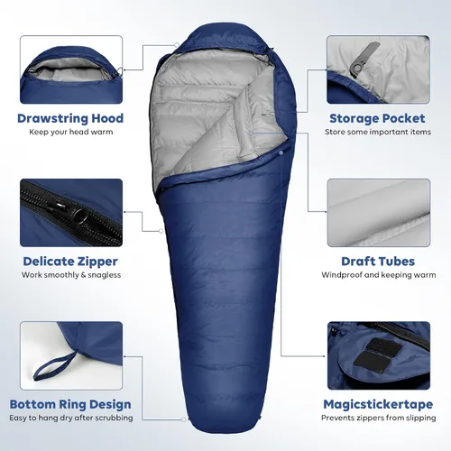 Vista 6 de TOBTOS Saco de dormir de momia, para 4 estaciones, para clima cálido y frío, saco de dormir para adultos, saco de dormir ligero con saco