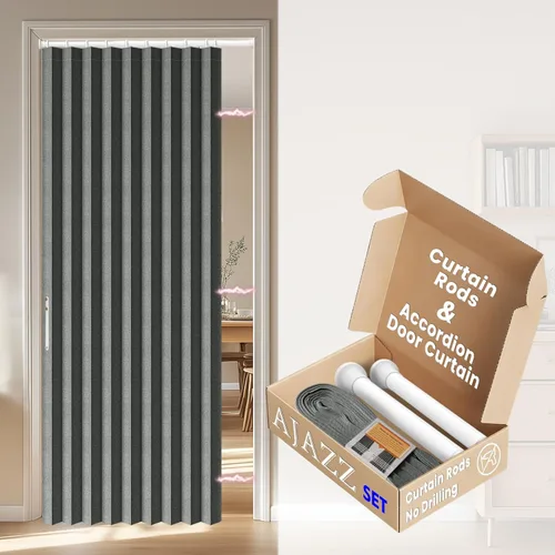 Vista 24 de AJAZZ Conjunto: Barras para cortinas sin perforación (28-39" de ancho) y cortina acordeón para puerta, beige 43" de ancho × 78" de largo, puertas