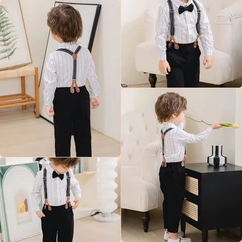 Vista 6 de Conjunto de 2 piezas para bebé, caballero blanco y negro con corbatín y pantalones para bebé, conjunto formal con tirantes