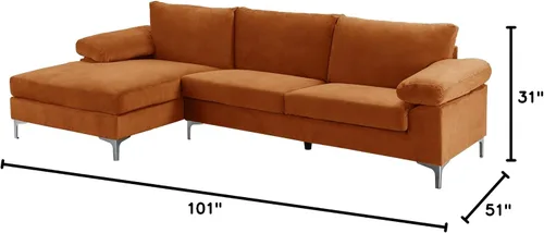 Vista 8 de Casa Andrea Milano Moderno sofá seccional grande en forma de L de terciopelo, con diván extra ancho Naranja