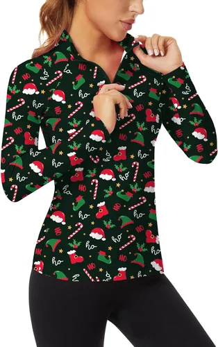 Vista 33 de WOWENY - Camiseta de manga larga con cremallera de 1/4 para mujer, con cuello, para hacer deporte, con estampado, para tenis Hoja multicolor.