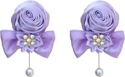 Vista 21 de Boutonniere de rosas de satén, 2 piezas para boda, novio, padrino, padrino, mejor hombre, padre, alfiler de solapa, agujero de botón, flor