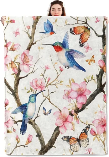 Vista 10 de Manta ligera de pájaros y mariposas, regalos para amantes de la naturaleza, manta de franela con rosa colorida y hortensias impresas para sofá