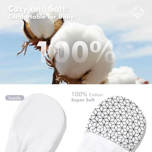 Vista 5 de HAPIU Manoplas para bebé que no se rayan, 100% algodón transpirable, guantes ajustables para niños y niñas, recién nacidos, 12 M