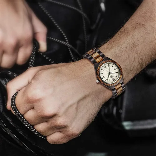 Vista 4 de TJW 6006 - Reloj de pulsera analógico de cuarzo para hombre, de madera, hecho a mano, informal.