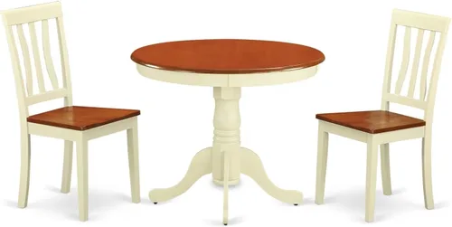 Vista 13 de East West Furniture ANTI3-BLK-W Juego de mesa y sillas de cocina de 3 piezas contiene una mesa de comedor redonda con pedestal y 2 sillas de asiento