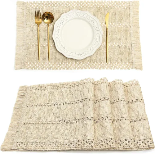 Vista 10 de FEXIA Juego de 6 manteles individuales bohemios, decoración de mesa de macramé y manteles individuales estilo casa de campo de arpillera de algodón