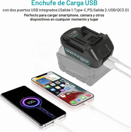 Vista 4 de Adaptador de batería DM18M compatible con baterías Dewalt de 20 V y Convertidor de batería con USB y enchufe de carga tipo C, convierte