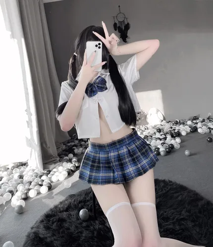 Vista 5 de LureZone Uniforme de colegiala japonesa sexy anime Cosplay ropa interior bikini con mini camisa y falda plisada