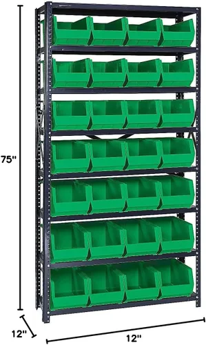 Vista 386 de Quantum QSBU-245BK Heavy Duty Shelving Unit with (7) Shelves and (24) QUS245 Black Bins for Garage Warehouse Storage Distribution 400 lb Load