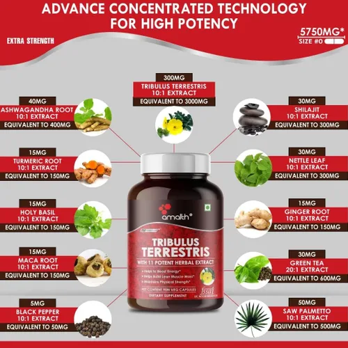 Vista 6 de Amalth Tribulus Terrsestris, extracto 20:1 por porción, mayor potencia con Ashwagandha, Saw Palmetto, Shilajit 120 cápsulas