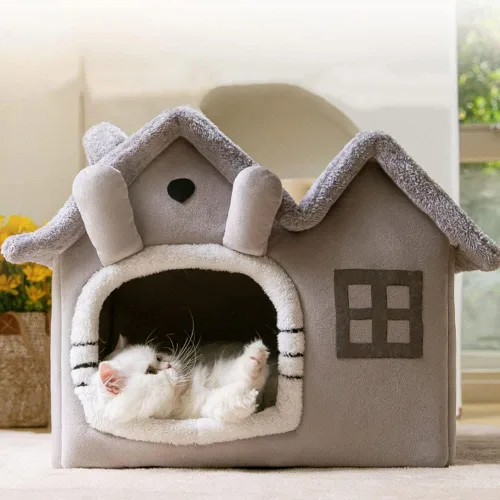 Vista 5 de Casa de Perro de Interior de Lujo con Doble Techo para Gatos, Caseta Plegable Cálida y Suave, Esponja de Memoria de Alta Elasticidad 30D, Cojín