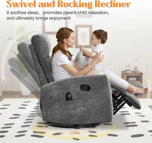 Vista 4 de Luxlen Silla reclinable giratoria manual con masaje, deslizador reclinable sobrerelleno con masaje por vibración y calor para guardería, sala