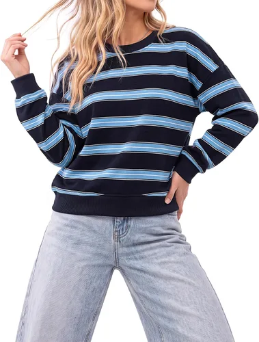 Vista 8 de Blooming Jelly Sudadera de cuello redondo a rayas para mujer, tops casuales Verde