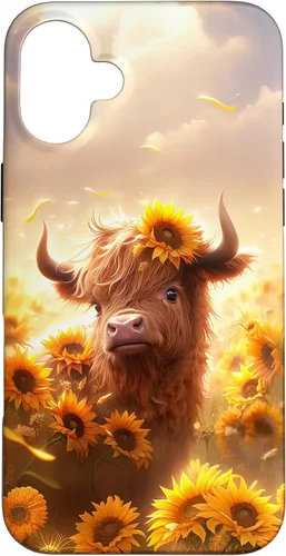 Vista 23 de Cute Scottish Highland Cow Sunflower Western Country Farm Case for iPhone 16