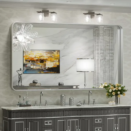 Vista 92 de TokeShimi Espejo de pared de baño de níquel cepillado de 20 x 30 pulgadas, marco de metal, esquina redonda, rectangular, para decoración del hogar