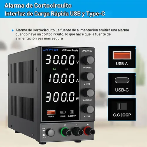 Vista 3 de Fuente de alimentación de CC variable, conmutación ajustable regulada (30 V 0-10A) con codificador grueso y fino perilla de ajustes, banco