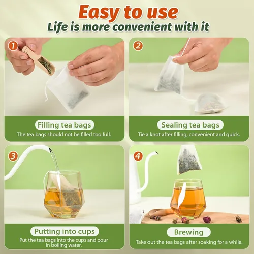 Vista 6 de 100 bolsas de té desechables para té de hojas sueltas, bolsas de filtro de té vacías con cordón de algodón, bolsitas infusoras de té rellenables