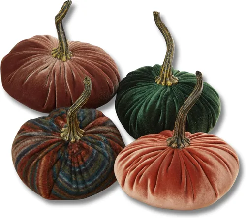 Vista 21 de Juego de 4 pequeñas calabazas de franela de terciopelo y algodón, decoración a cuadros de búfalo blanco y negro, estantes de calabaza negra